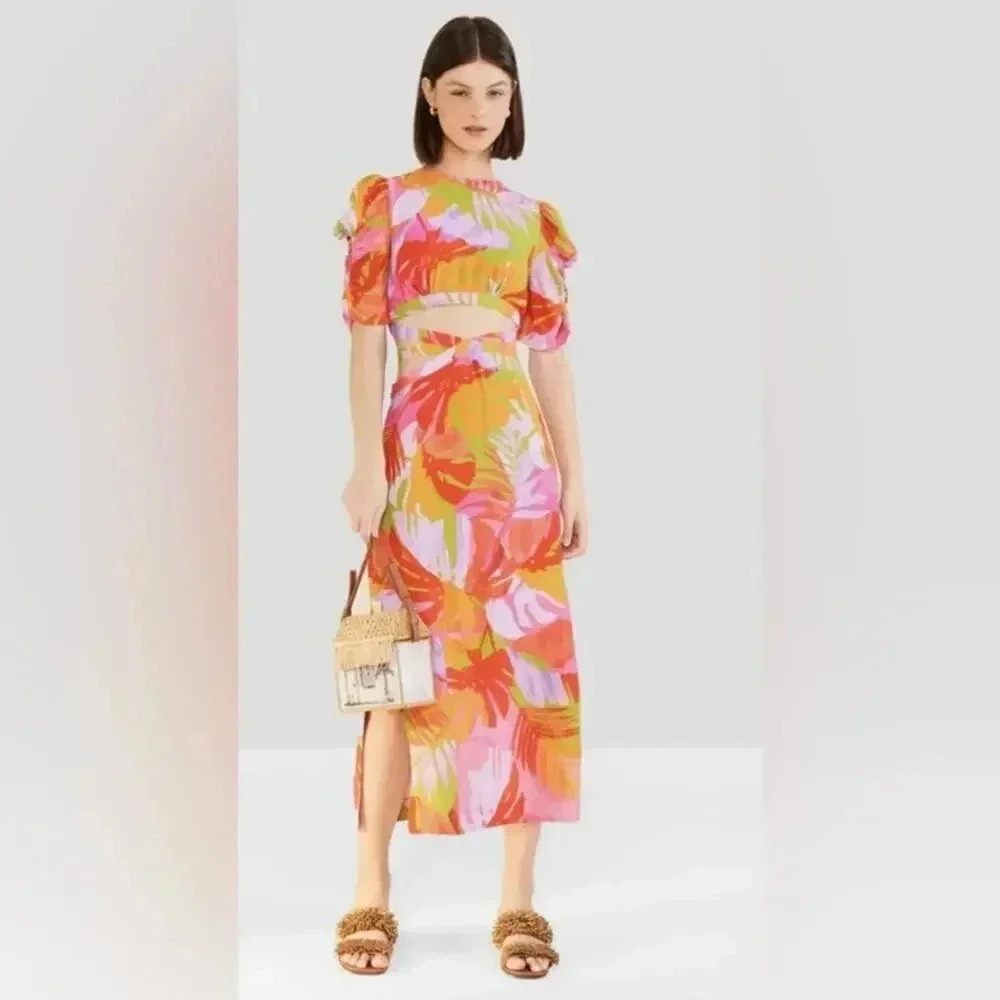 New Farm Rio Colorful Leaves Cut-out Midi Dress Size XS B2019 - Picture 2 of 7